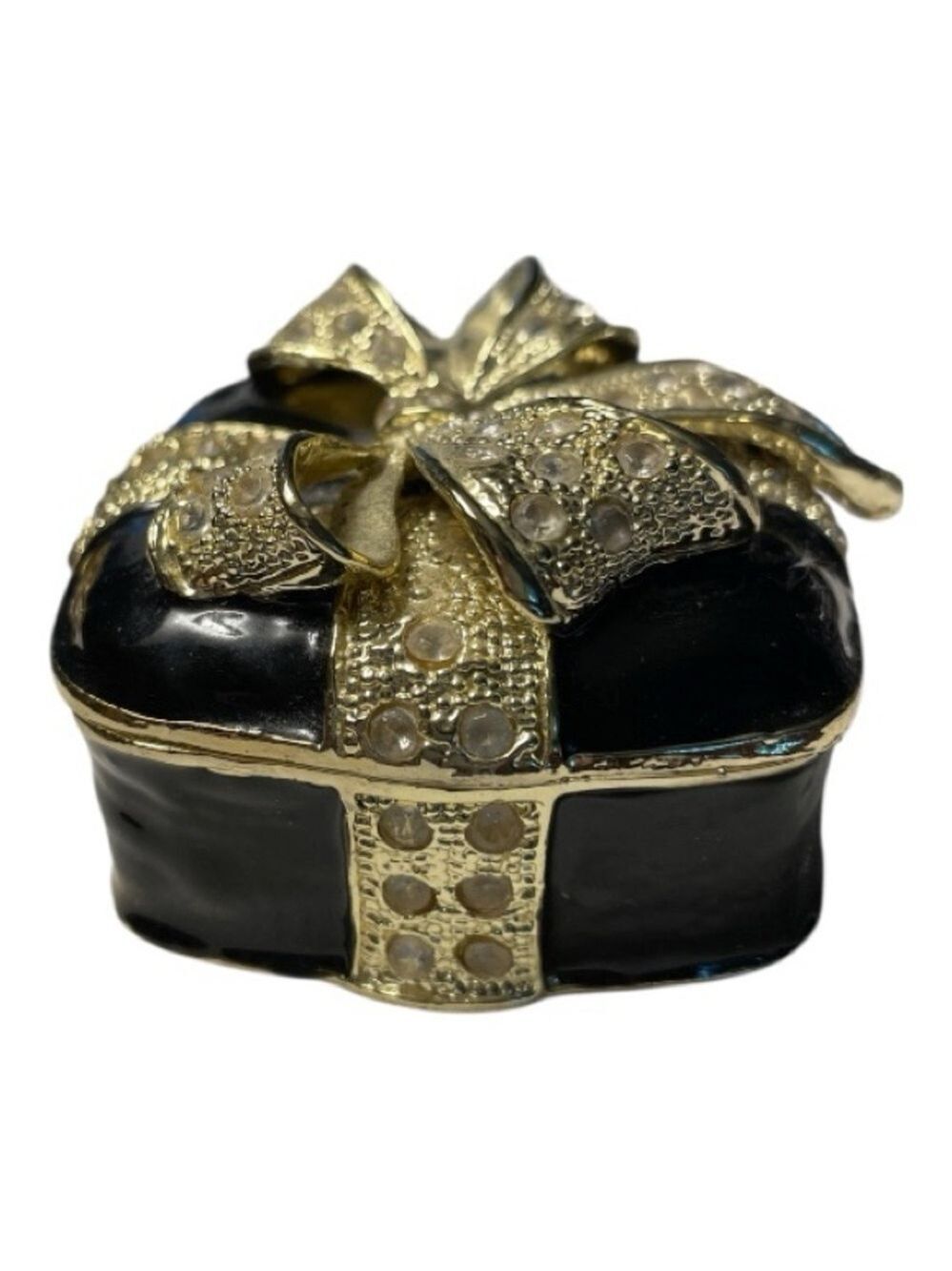 Gold and Black Bow Trinket Box, Black w/Gold Bow w/ Rhinestones Present - Picture 2 of 4
